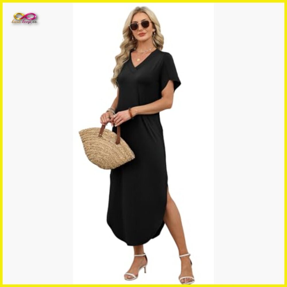 Summer Maxi Dress V-Neck Side Slit Pockets Casual Boho Chic Loose Fit - Picture 5 of 7